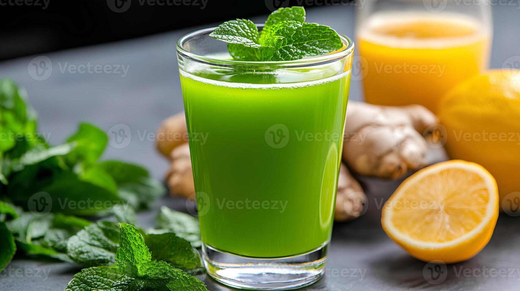 Refreshing Green Drink with Mint and Lemon on Gray Background photo