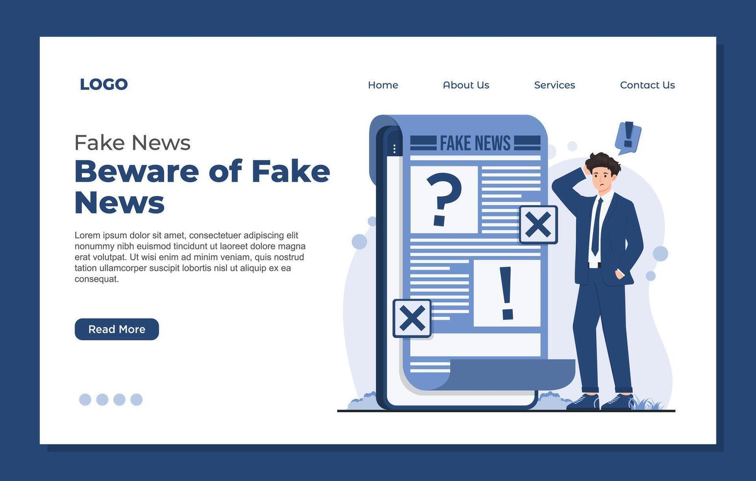 landing page template Fake news concept illustration showing hoax Businessman reading a newspaper. vector