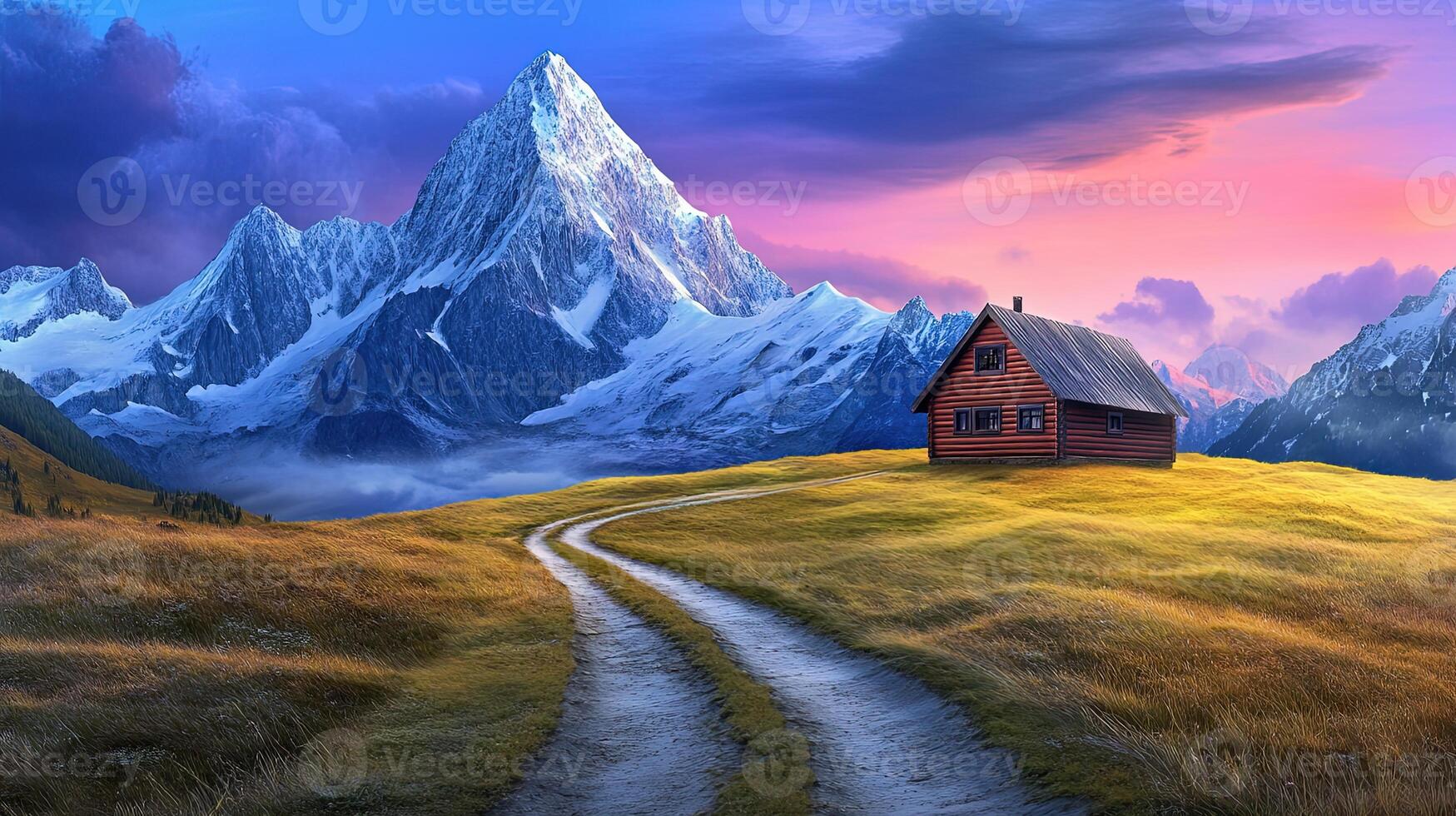 Serene Mountain Landscape with Cabin under Dramatic Sky at Sunset photo