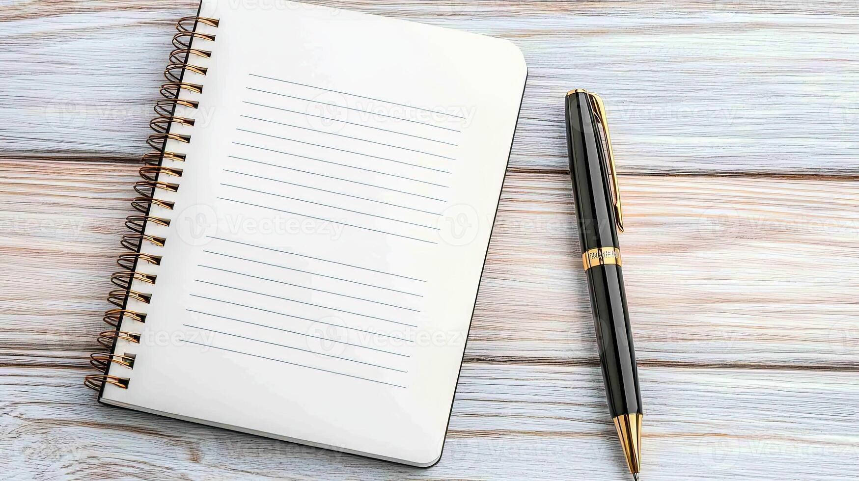 Blank Notebook with Pen on Wooden Table for Writing Ideas photo