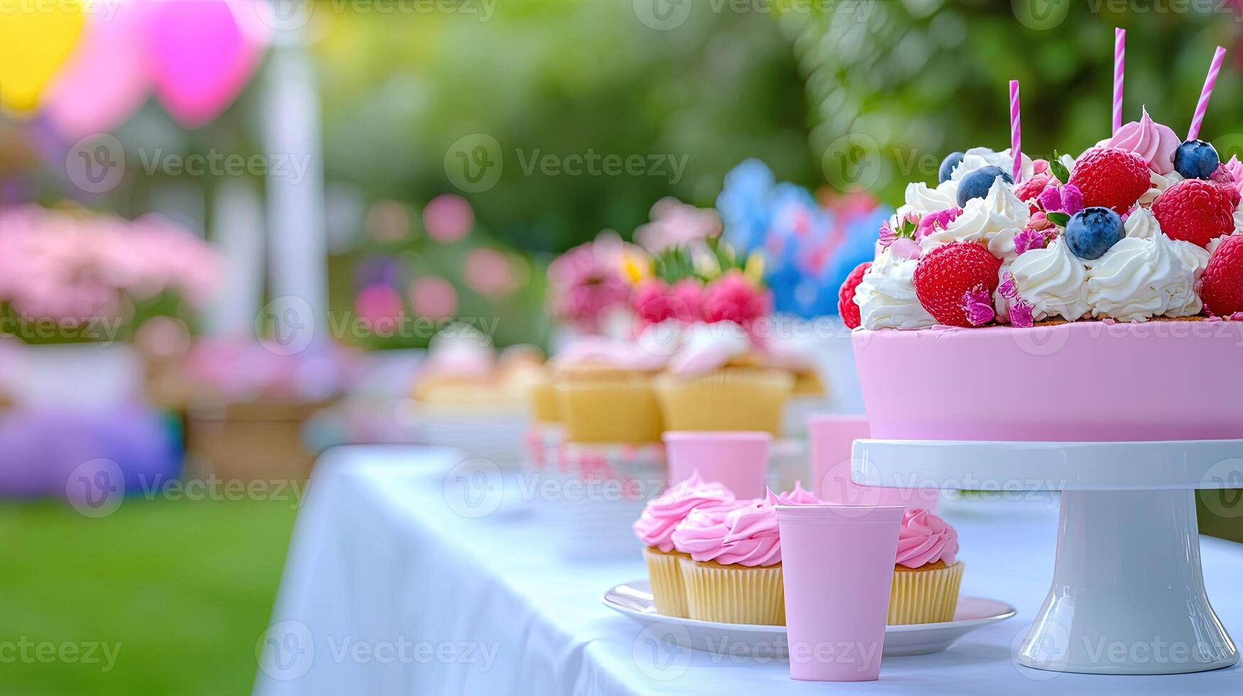 Colorful Dessert Table with Cake and Cupcakes for Celebration Event photo