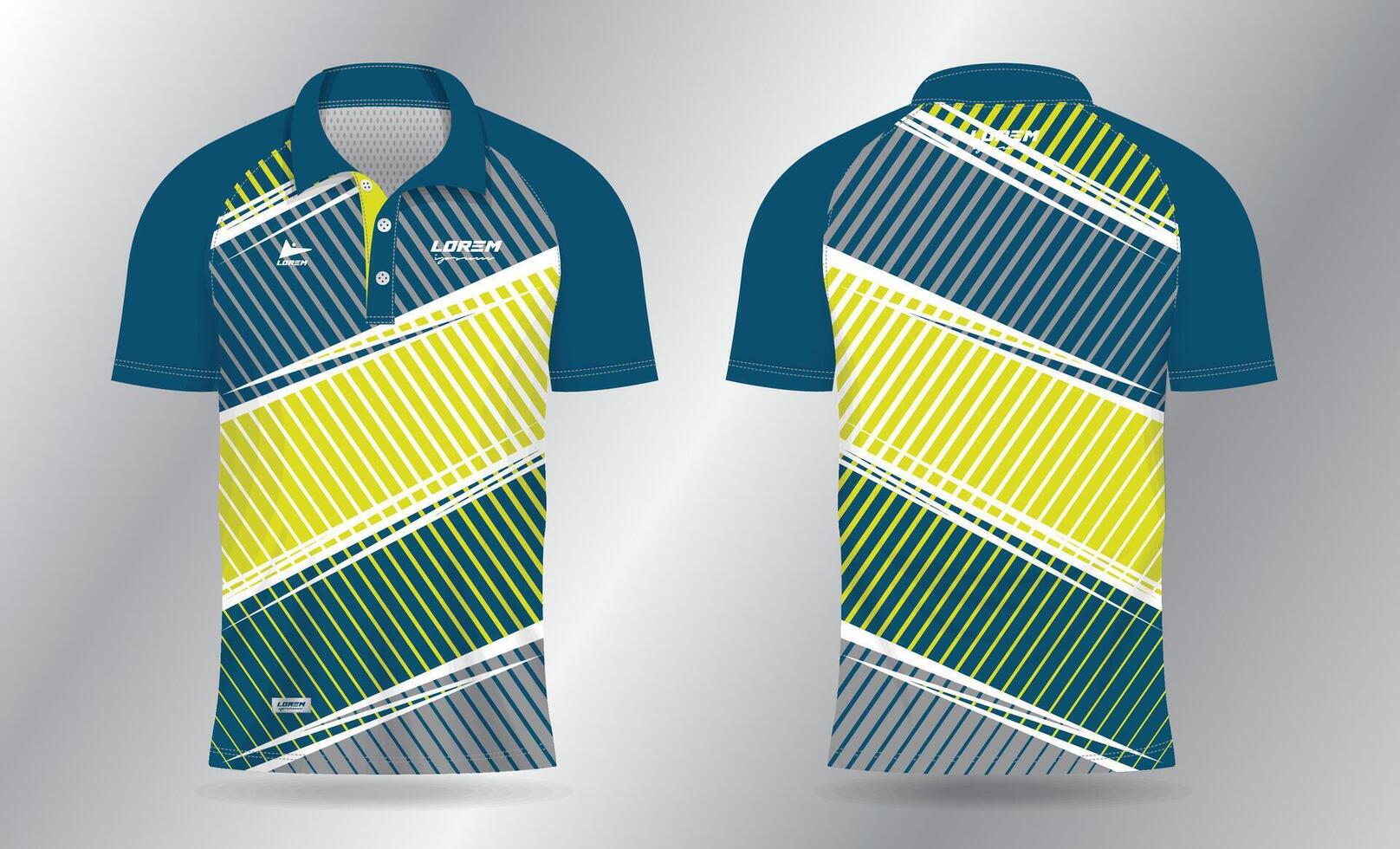 abstract blue and yellow polo jersey shirt mockup template design for badminton, tennis, soccer, football or sport uniform in front view and back view. vector