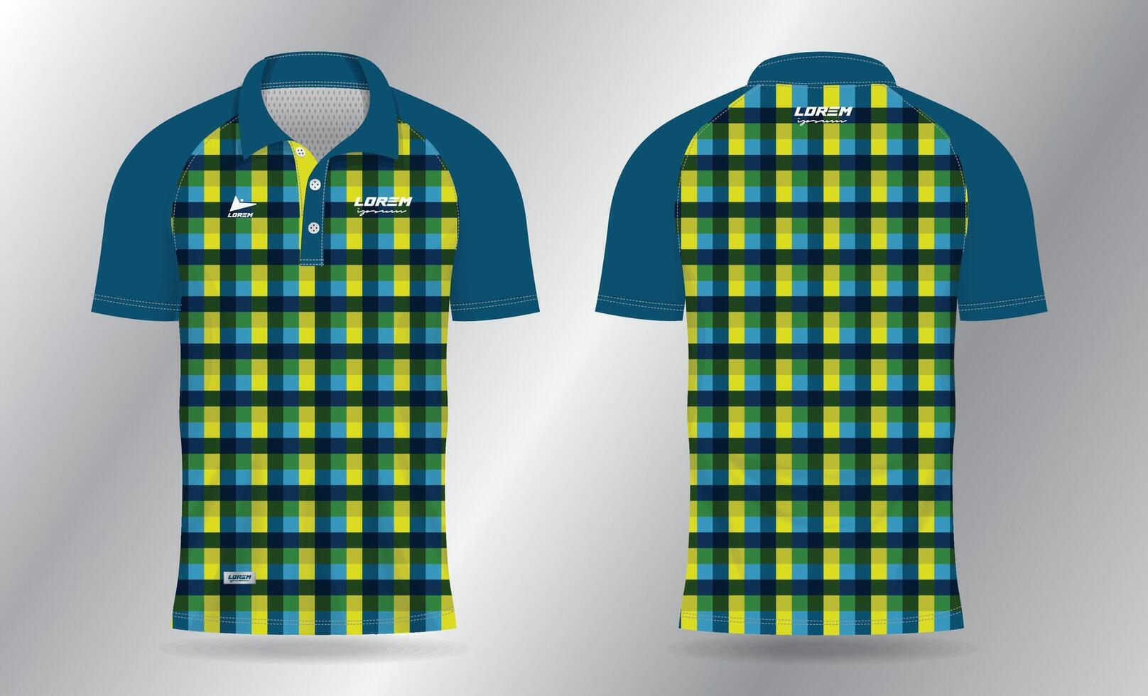 abstract squares pattern blue and yellow polo jersey shirt mockup template design for badminton, tennis, soccer, football or sport uniform in front view and back view. vector