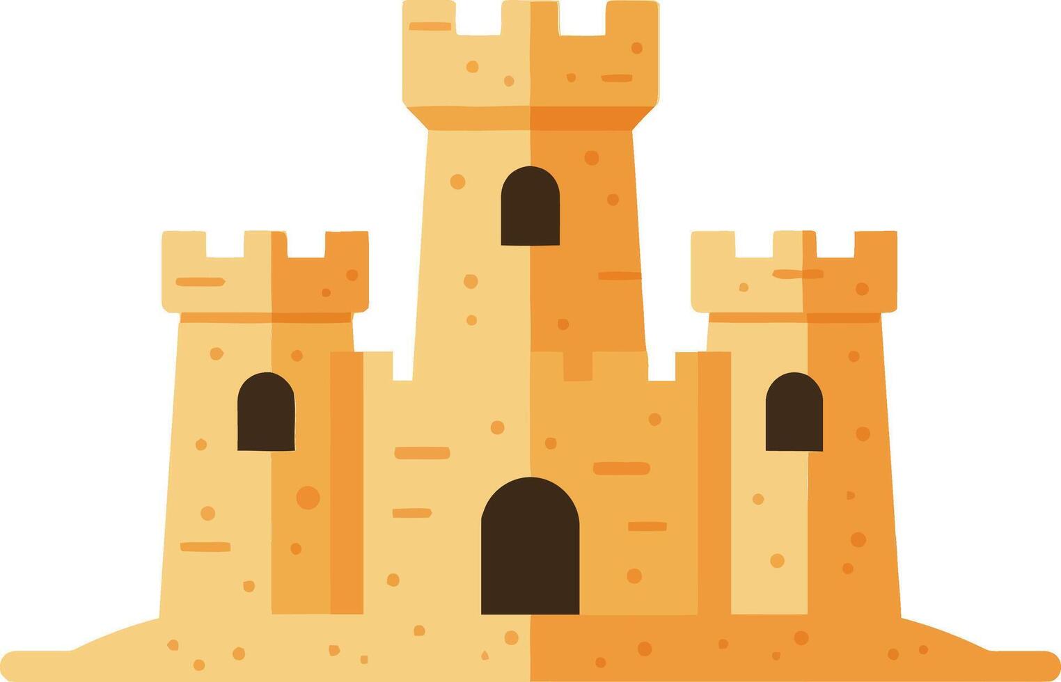 Sandcastle on a beach with three towers and arched doors in flat design art vector
