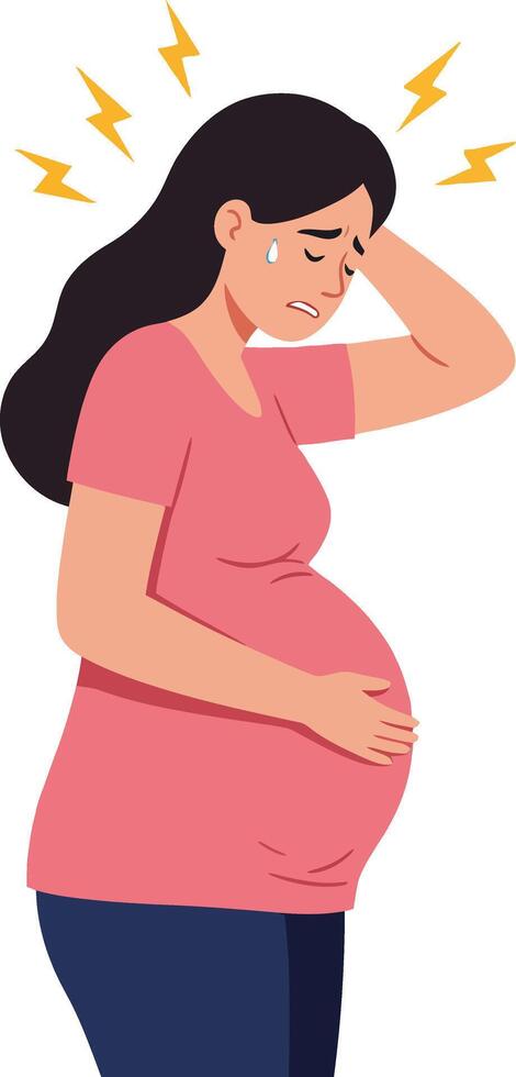 Pregnant woman holding her head in distress while experiencing discomfort in a minimal flat design illustration vector