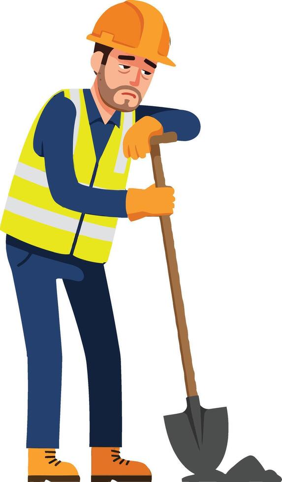 Construction worker in safety gear using a shovel to dig on a worksite in a flat, colorful illustration vector