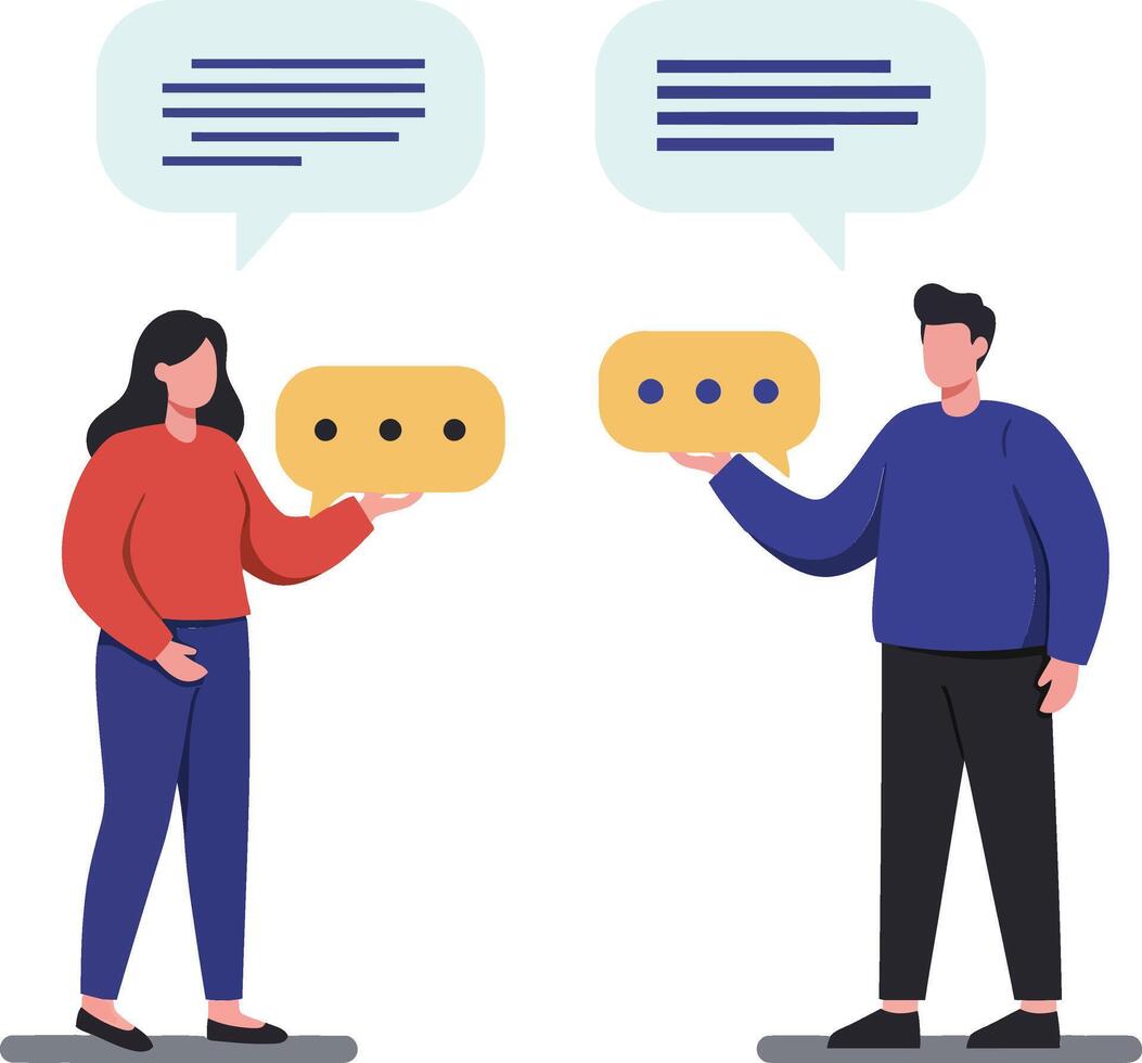 Two diverse individuals engaging in conversation with speech bubbles, featuring a flat design style, showcasing communication concepts in art vector