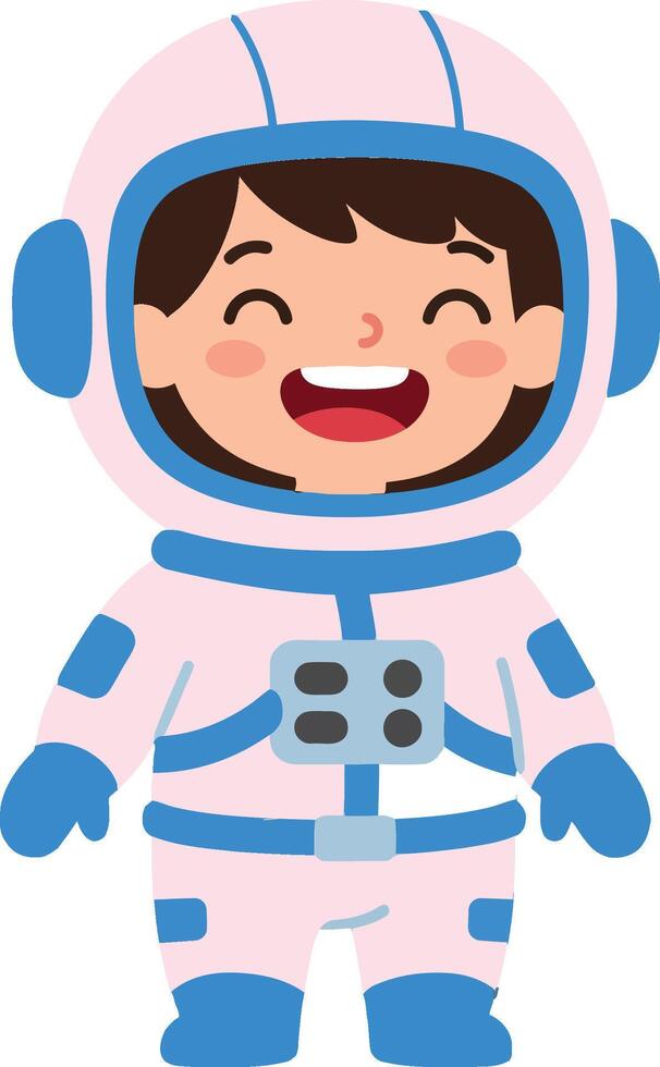 Happy child in a colorful spacesuit with a joyful expression, flat design art vector