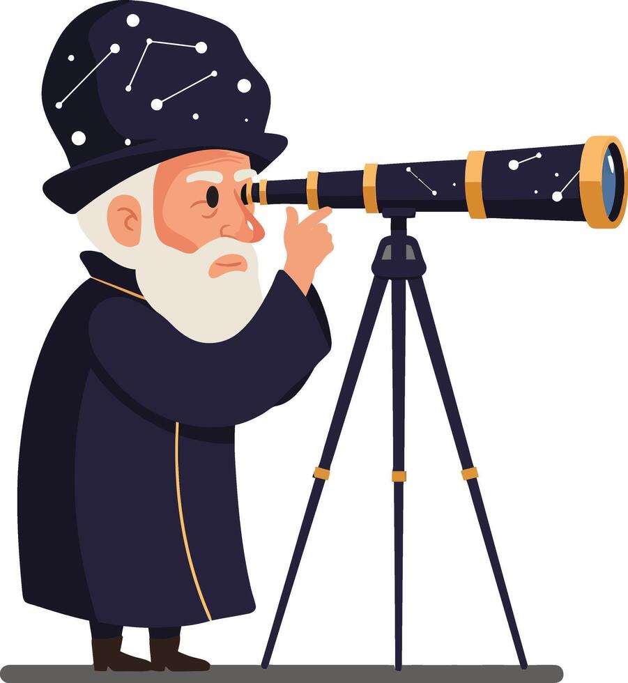 An elderly astronomer in a dark robe and starry hat observing the night sky through a telescope in a whimsical flat illustration vector
