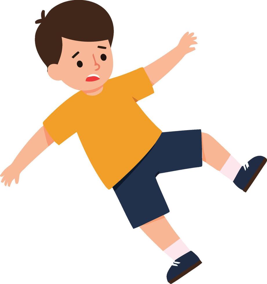 A young boy in a yellow shirt and blue shorts playfully slipping on the ground in a flat illustration showcasing childlike joy and movement vector