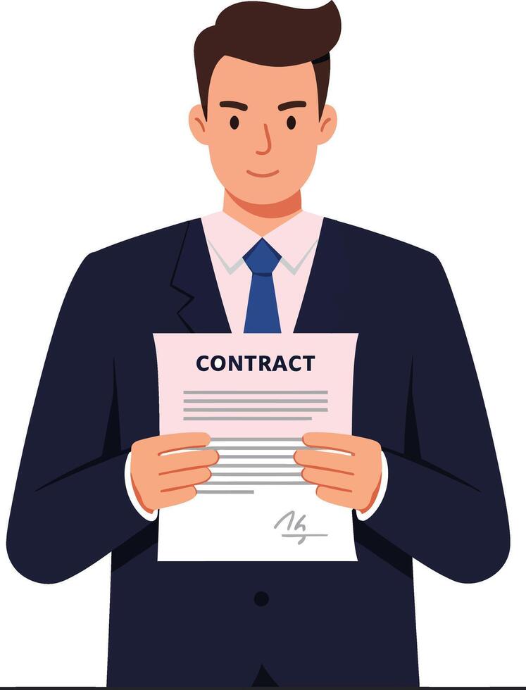 A businessman holding a contract with a confident smile in a minimal flat design art style showcasing professionalism and clarity in a corporate setting. vector