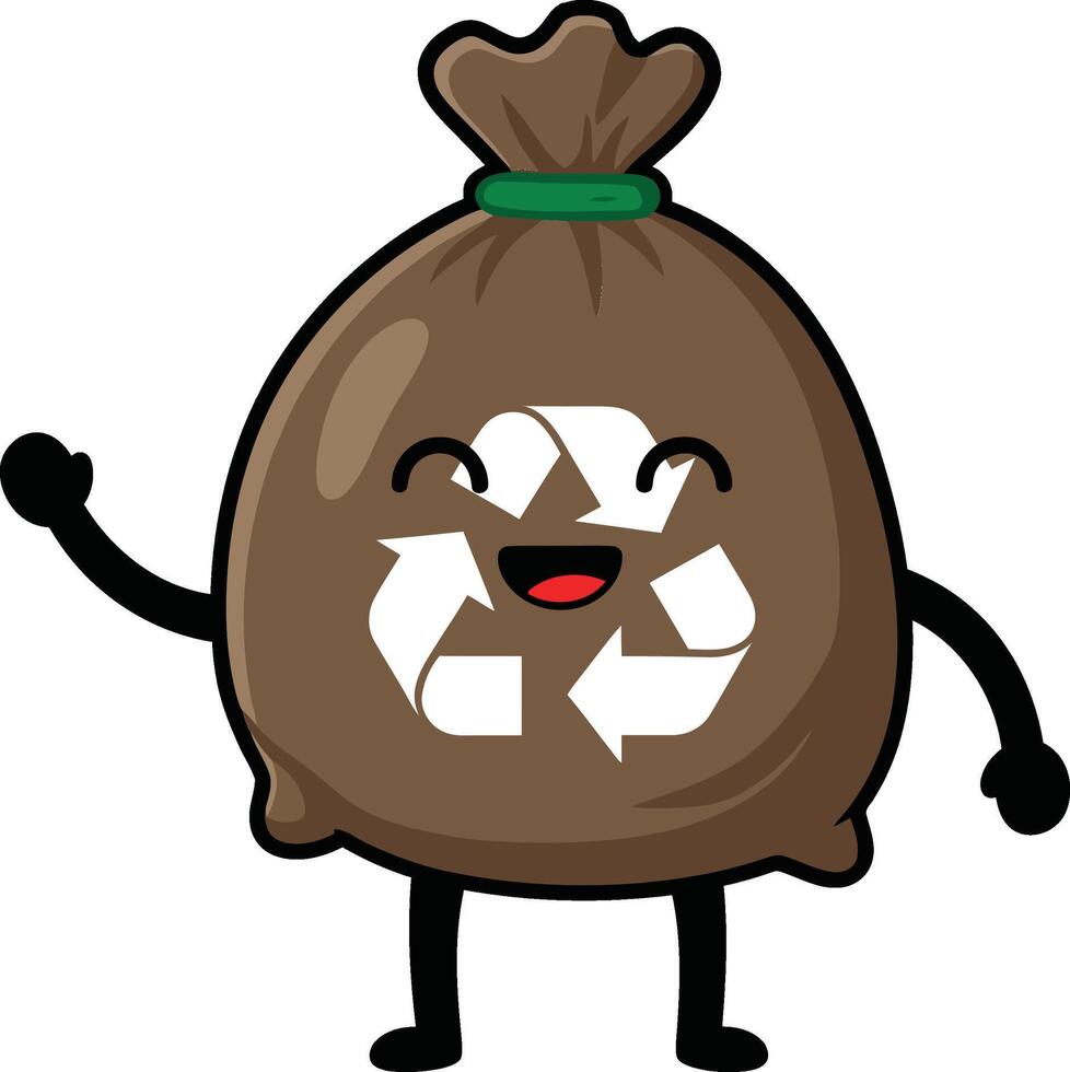 Cheerful cartoon garbage bag character with recycling symbols, flat design, waving happily, promoting eco-friendliness and waste management, illustration vector