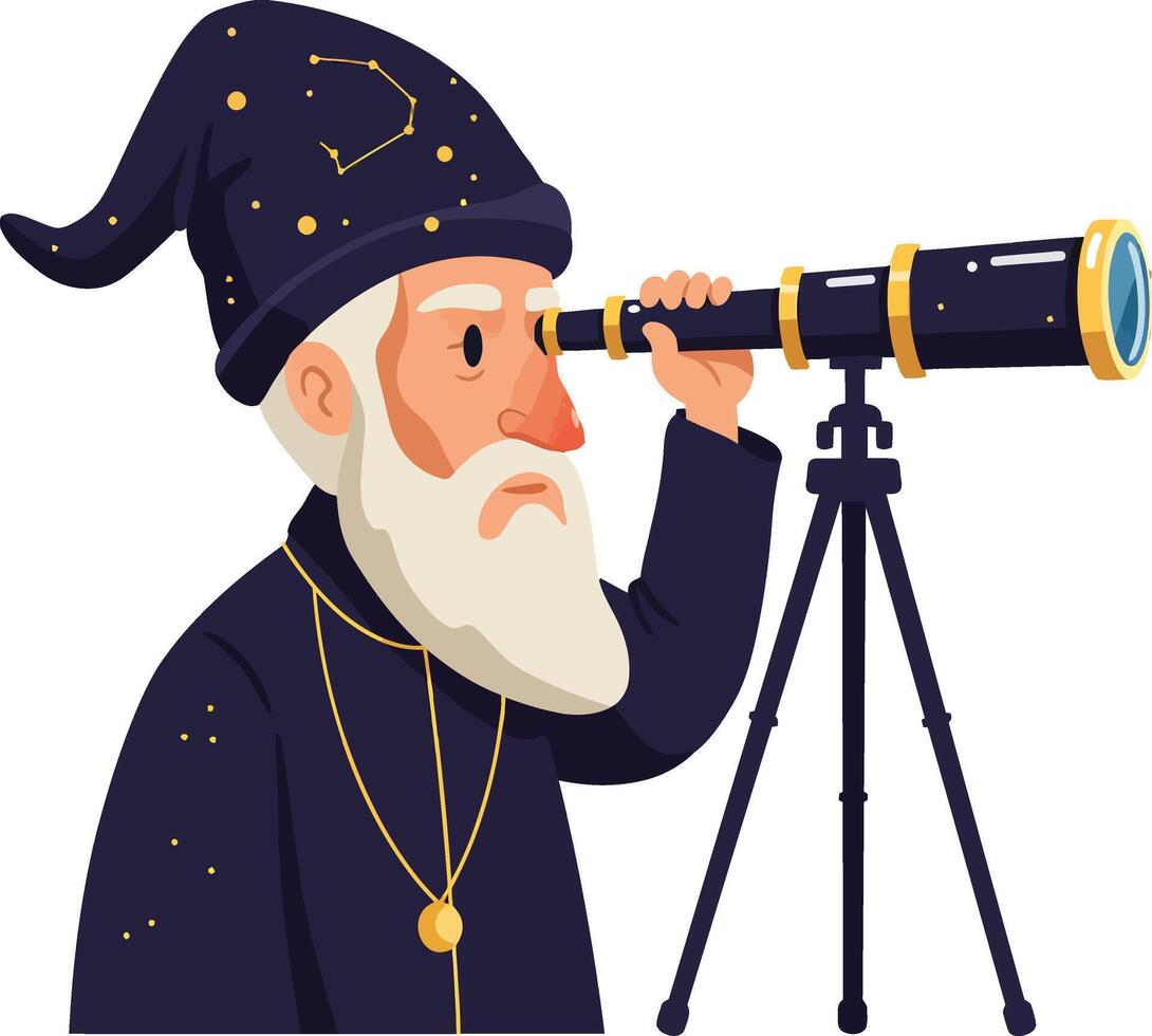 An elderly wizard wearing a starry robe gazes through a telescope in a whimsical, colorful flat illustration of magical exploration and curiosity vector