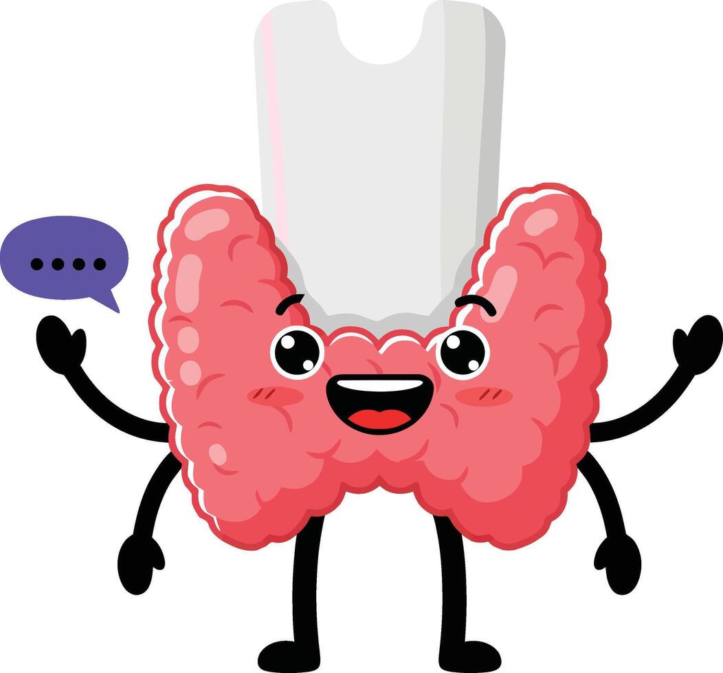 Cheerful cartoon thyroid gland character with arms and a speech bubble, minimal style, promoting health awareness in a playful tone, art vector