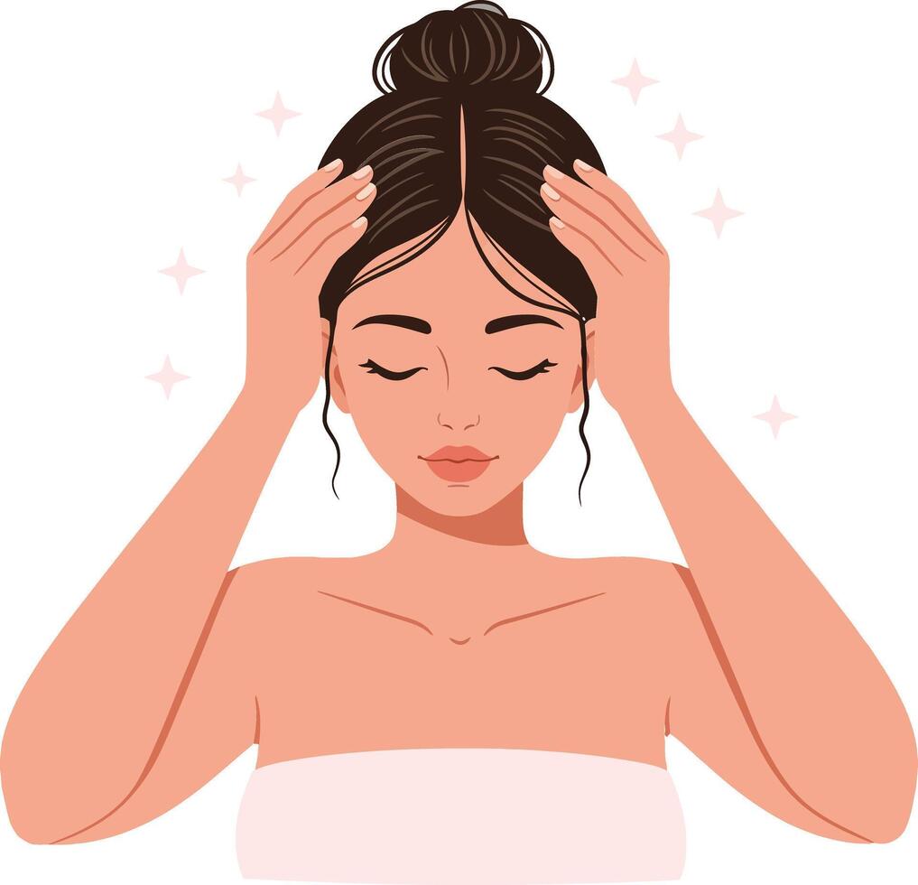 Woman with a bun gently massaging her temples in a serene atmosphere, showcasing a minimal and calming design style, illustration vector