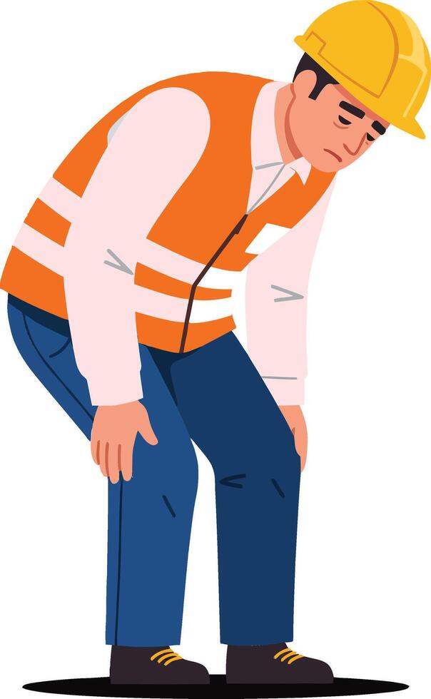 A tired construction worker in an orange safety vest bending over with fatigue in a flat illustration showcasing workplace challenges and resilience vector