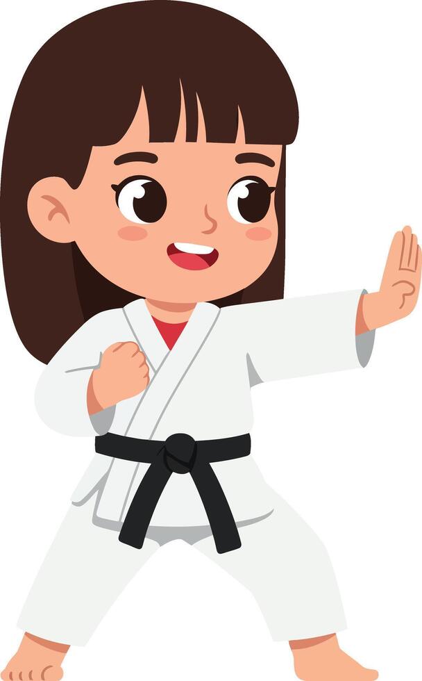 A cheerful young girl in a white karate uniform performing a martial arts pose with a black belt in flat art vector