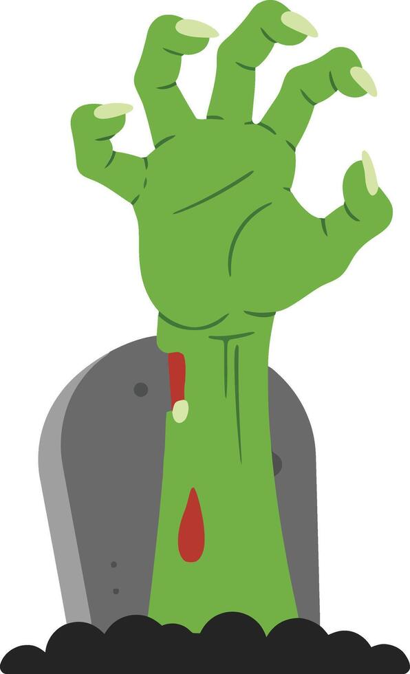 Green zombie hand emerging from a grey tombstone in a flat, minimal style art vector