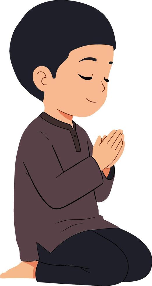 Young boy in a prayerful pose wearing a dark tunic and black pants, minimal illustration capturing a serene moment of reflection and spirituality in art vector