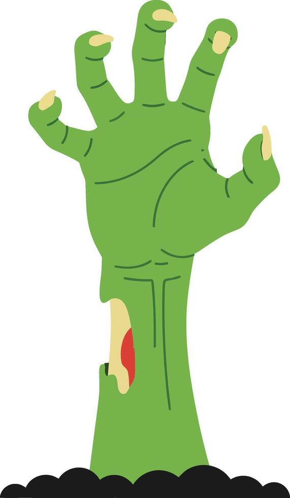 Green zombie hand emerging from dark soil in a flat, minimal design style, creating a spooky atmosphere in art vector