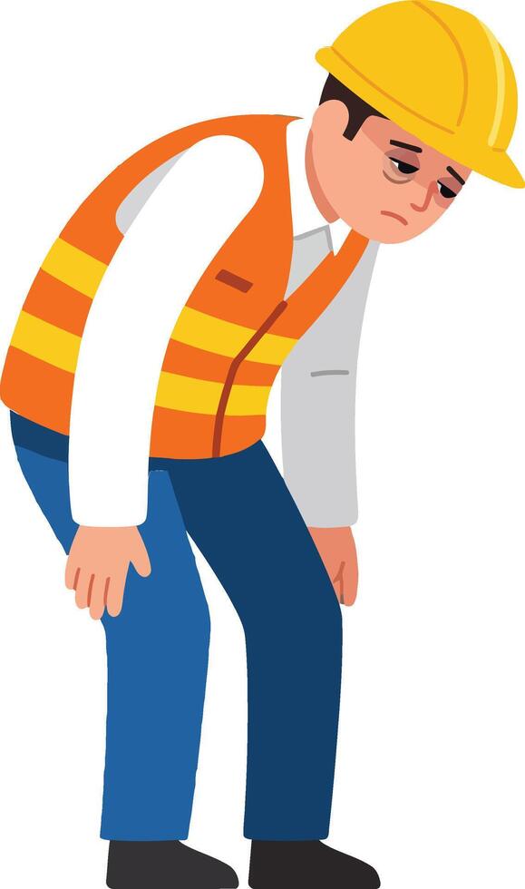 Construction worker wearing a safety helmet and vest, appearing fatigued and leaning forward in a flat illustration depicting labor fatigue and hard work vector