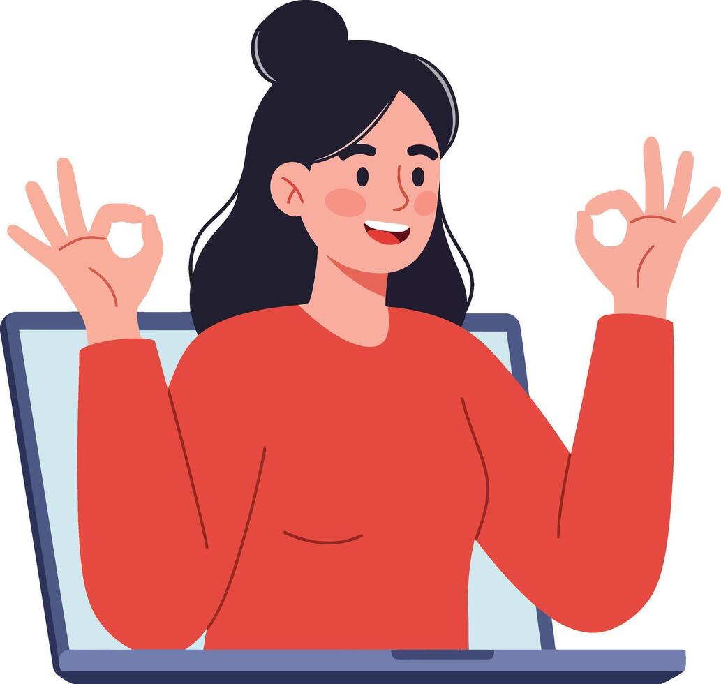 Cheerful woman in a red sweater giving a positive gesture while sitting in front of a laptop, minimal illustration vector