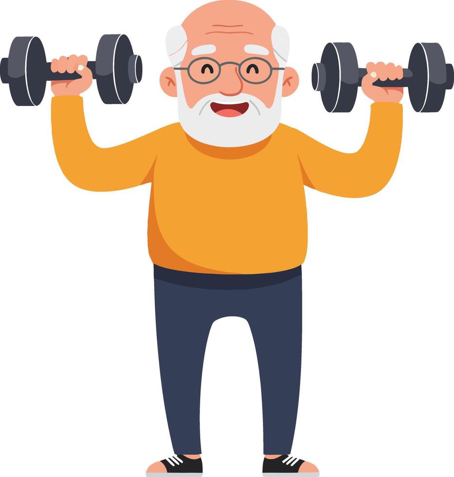 Cheerful elderly man lifting dumbbells in vibrant orange shirt and black pants showcasing strength and vitality in a flat illustration vector