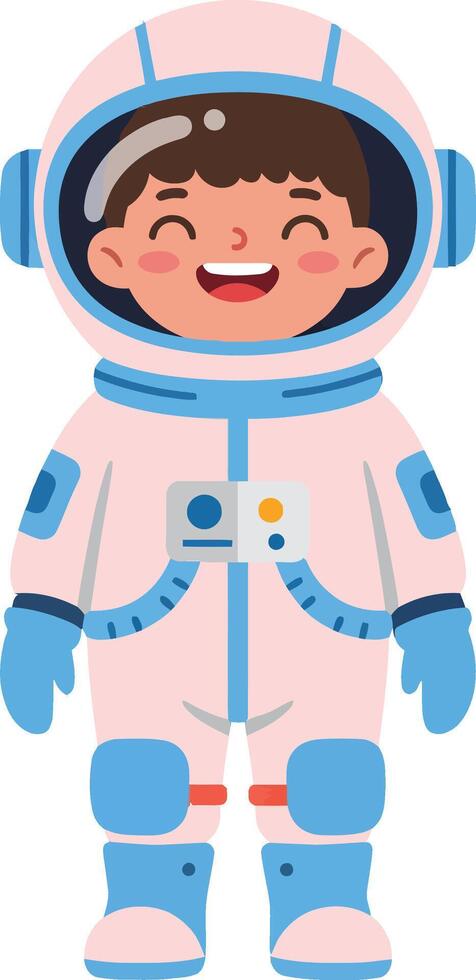 Cheerful young boy wearing a colorful spacesuit in a flat design style, smiling brightly in an imaginative cosmic setting, art vector