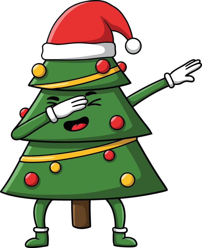 Playful cartoon Christmas tree character in a festive red hat performing a joyful dab dance in a flat illustration vector