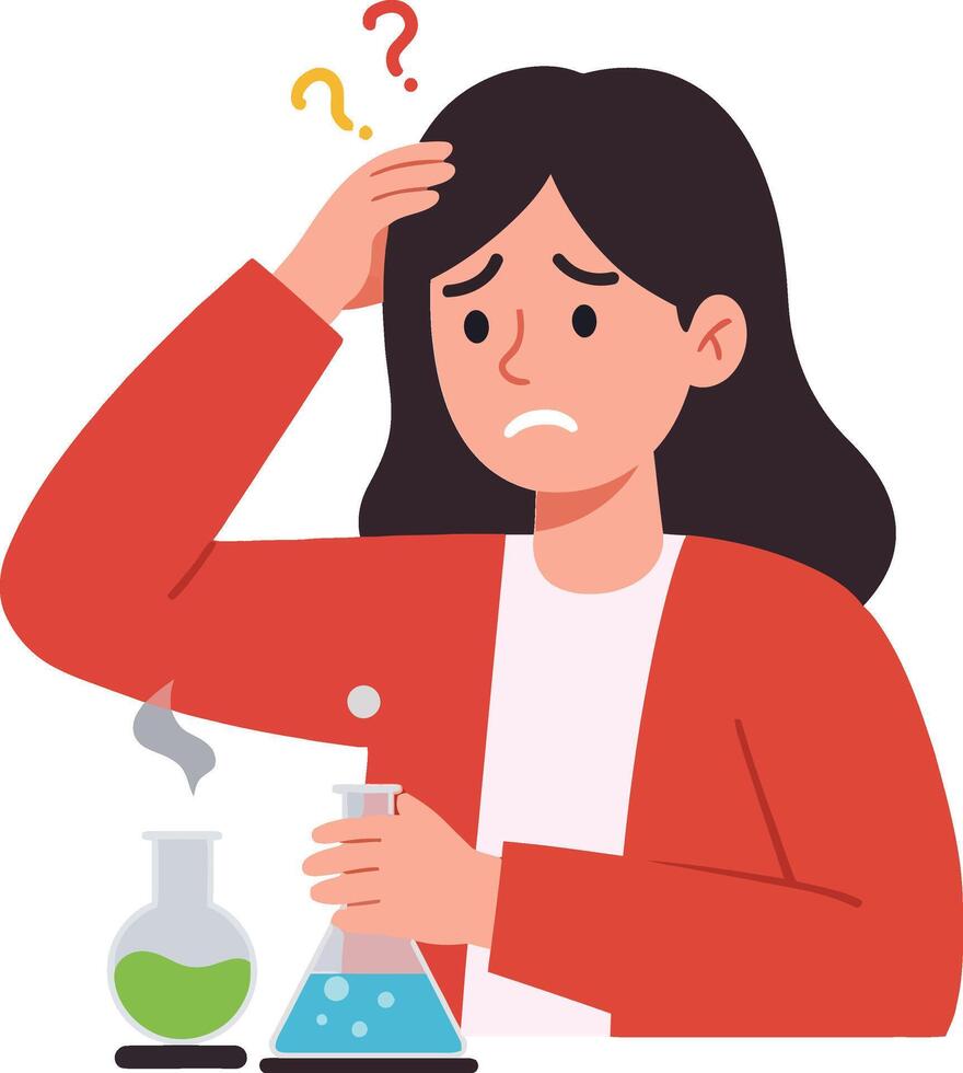A worried woman in a red jacket holding a flask with green liquid, displaying confusion in a minimal, flat design illustration vector