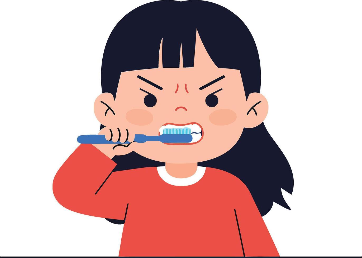 Young girl brushing her teeth with determination in a flat, minimalist design style, showcasing daily hygiene routine in art vector