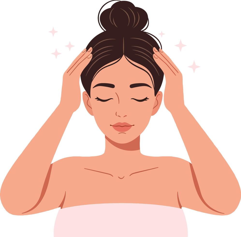 A woman enjoying a relaxing spa moment while gently massaging her head in a minimal flat design illustration vector