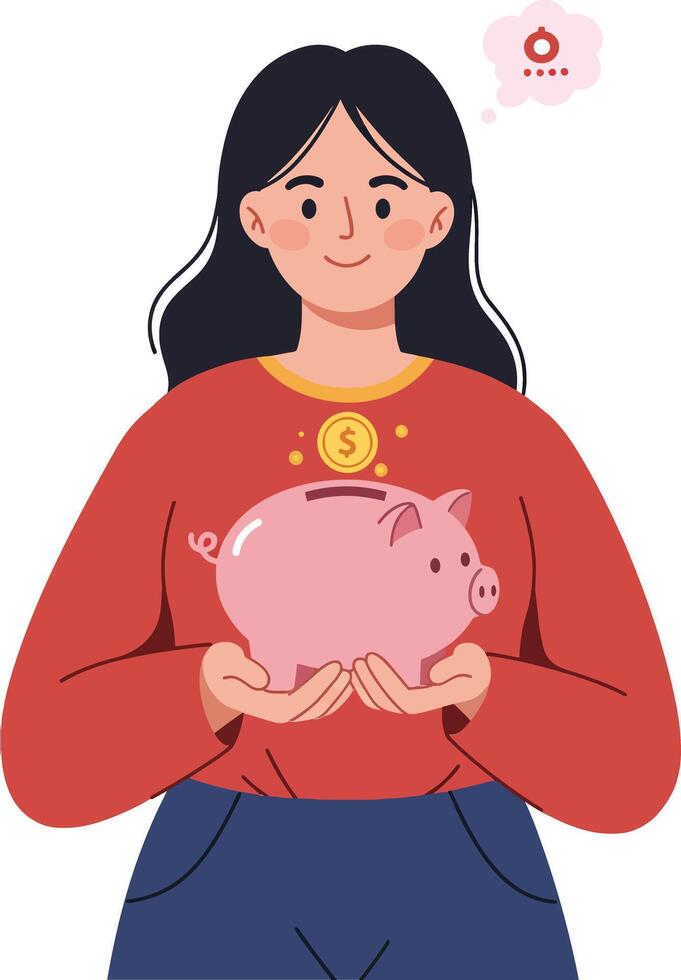 Woman holding a pink piggy bank with a golden dollar sign, cheerful expression, flat design style, showcasing savings concept in illustration vector