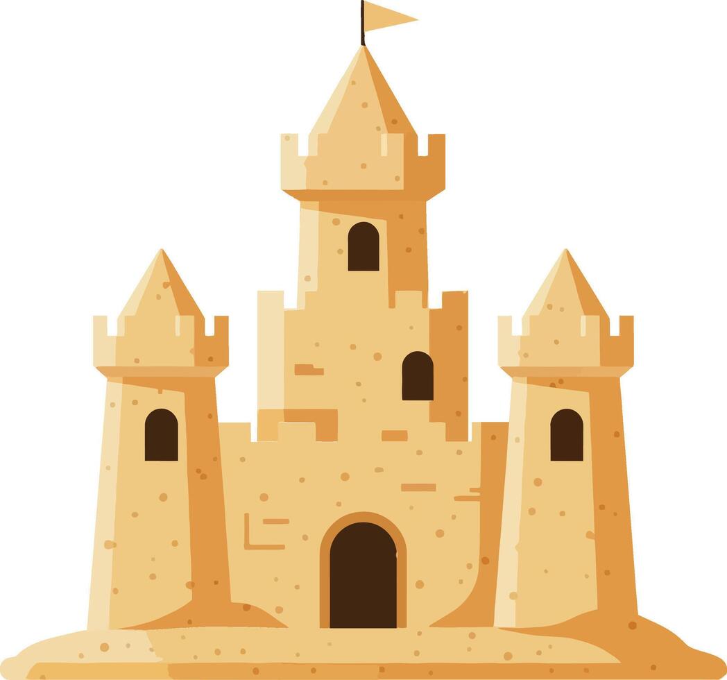 Sandcastle with turrets and a flag, illustrated in a minimal flat style, showcasing a playful beach atmosphere, art vector