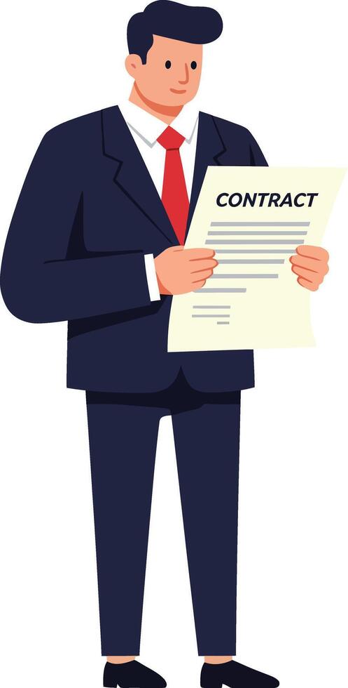 Professional man in a suit holding a contract with a confident smile, minimal illustration depicting a business setting with a positive atmosphere and clear focus on the subject, art vector