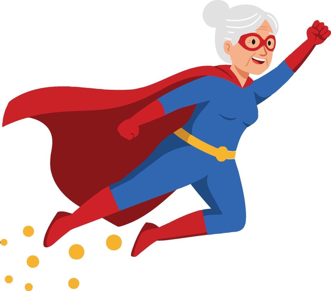 Superhero grandmother in vibrant blue costume with a red cape flying through the air in a cheerful and dynamic flat illustration vector