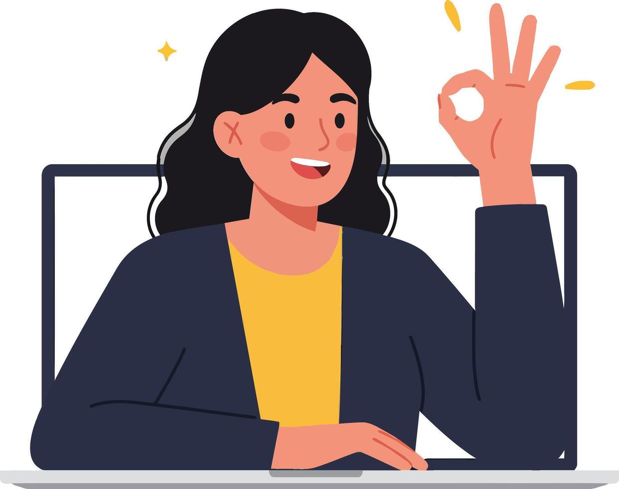 A woman smiling while giving an okay sign in front of a laptop screen, showcasing a minimal and cheerful atmosphere in illustration vector