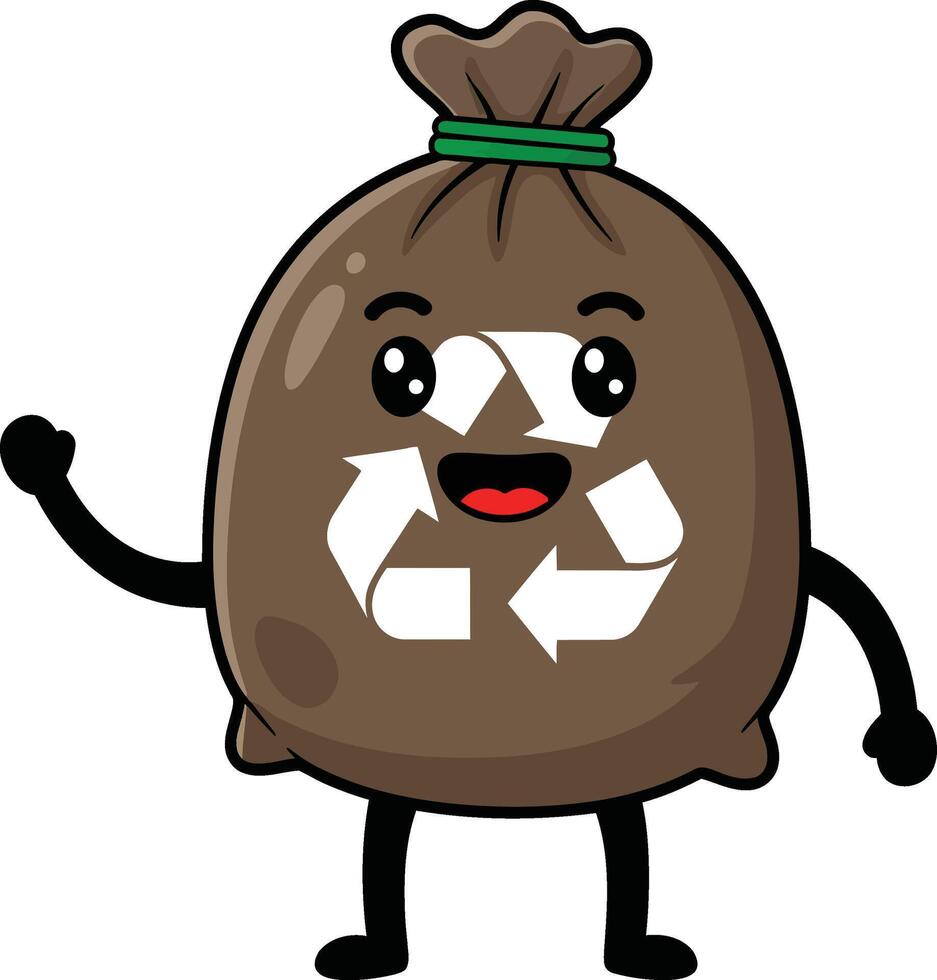 Happy cartoon garbage bag character waving cheerfully in a minimal style with recycling symbol, promoting environmental awareness through illustration vector