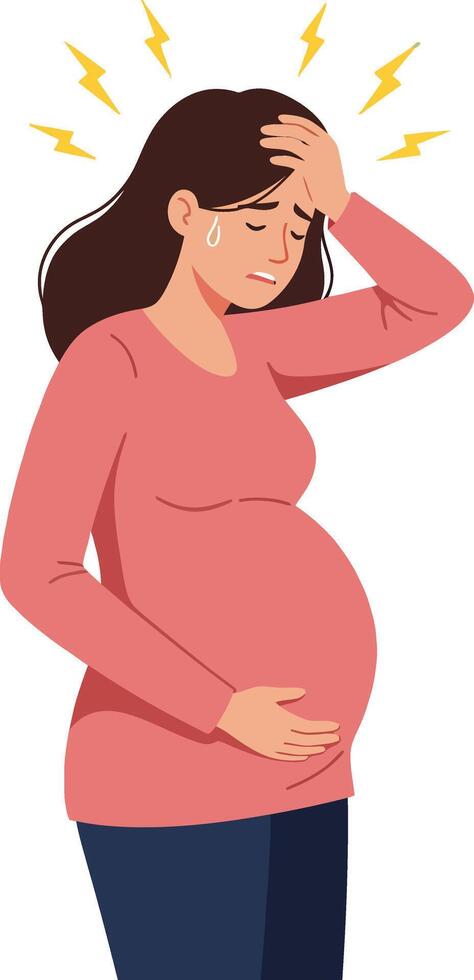 Pregnant woman holding her head in distress with sweat droplets and lightning symbols in a flat illustration vector