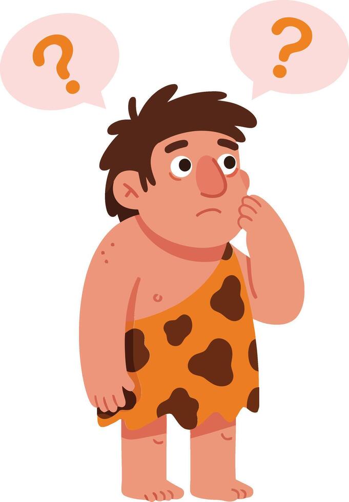 Curious caveman in a spotted loincloth pondering questions in a whimsical flat design illustration vector