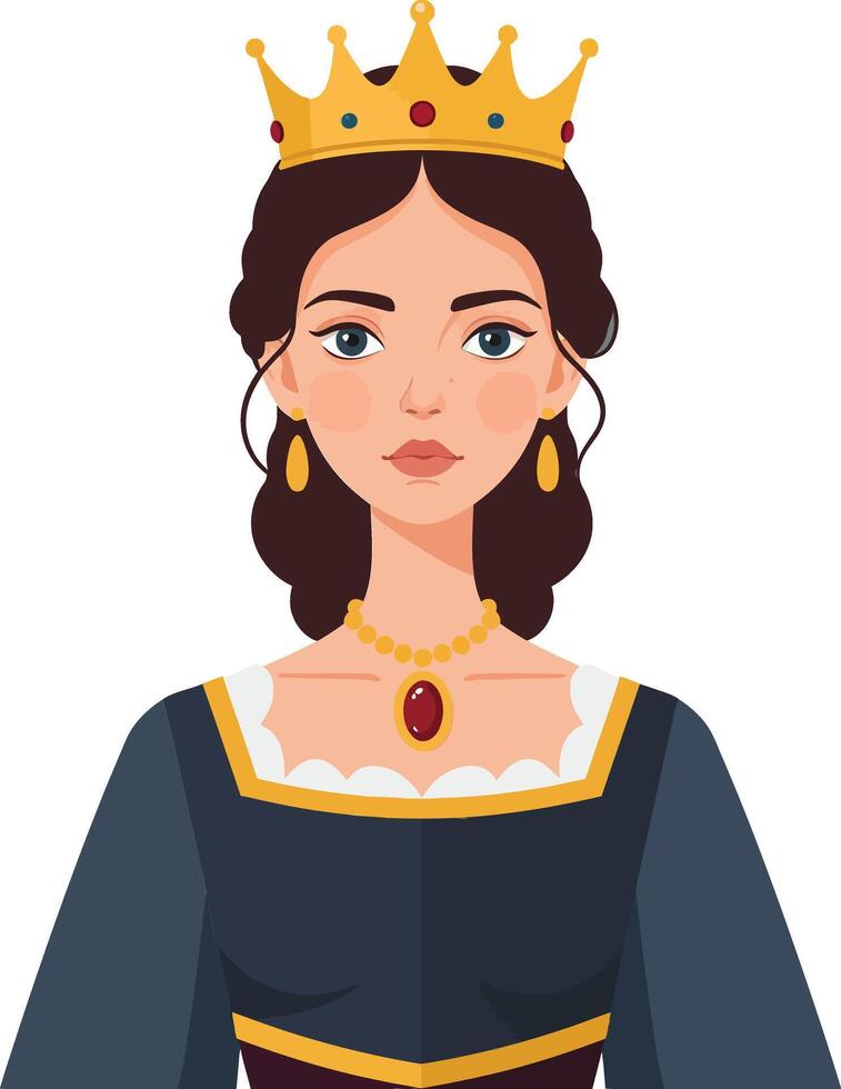 Elegant queen wearing a golden crown and royal attire in flat design art vector