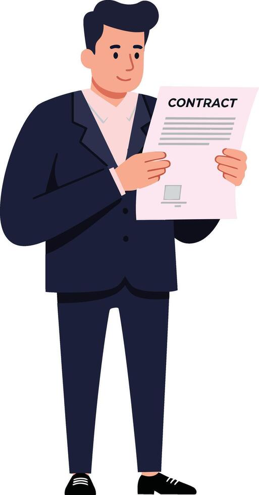 Professional man in a suit examining a contract document with focused expression in a minimal flat illustration vector