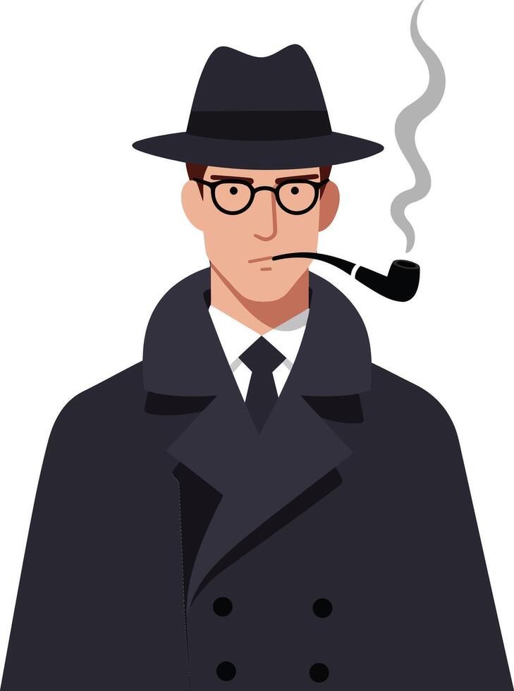 A detective in a classic trench coat and fedora, smoking a pipe, portrayed in a flat design style, illustration vector