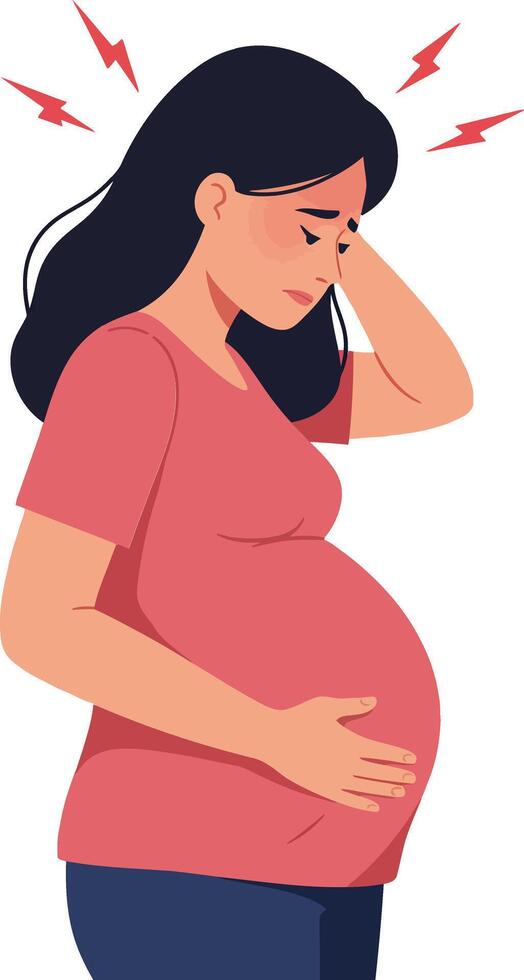 Pregnant woman holding her head in distress, depicted in a minimal style, expressing discomfort and concern, illustrated as art vector