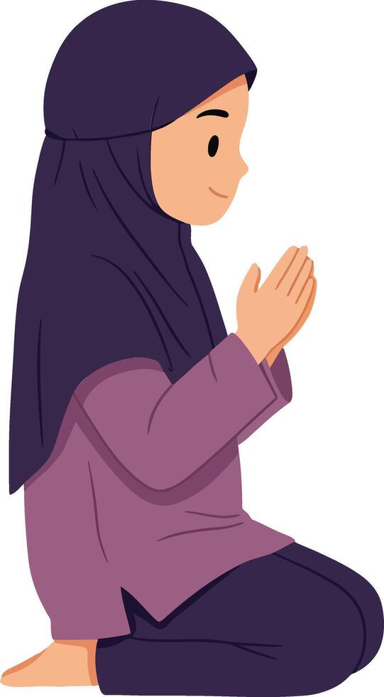 Young girl in a purple outfit kneeling and praying, designed in a minimal flat style, serene and peaceful illustration vector