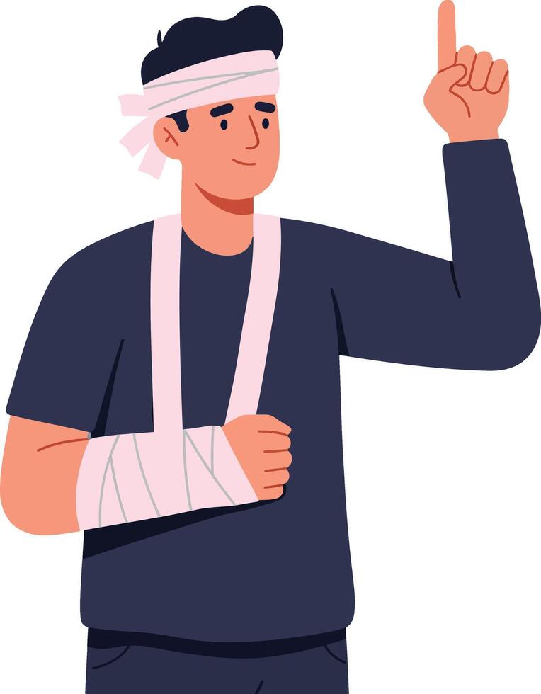 Injured young man with a bandaged arm and head, expressing determination in a flat illustration style, showcasing resilience and hope in a healthcare theme art vector
