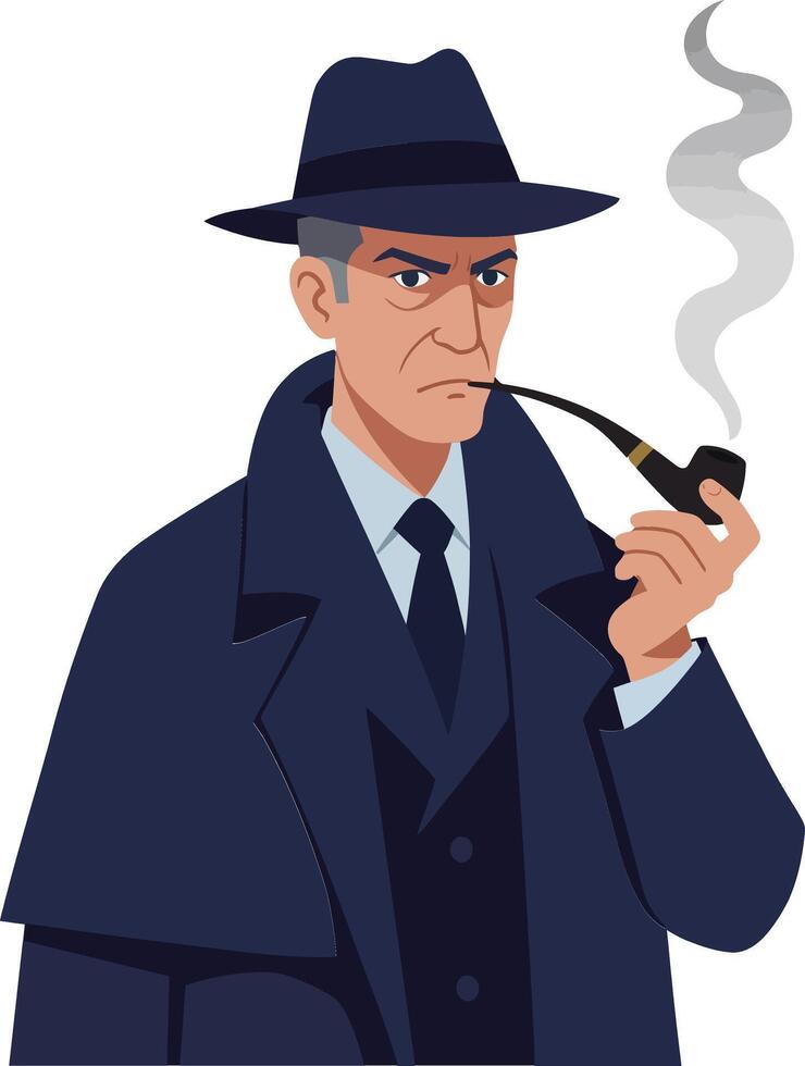 A serious man in a dark trench coat and fedora smoking a pipe in a minimal flat design illustration vector