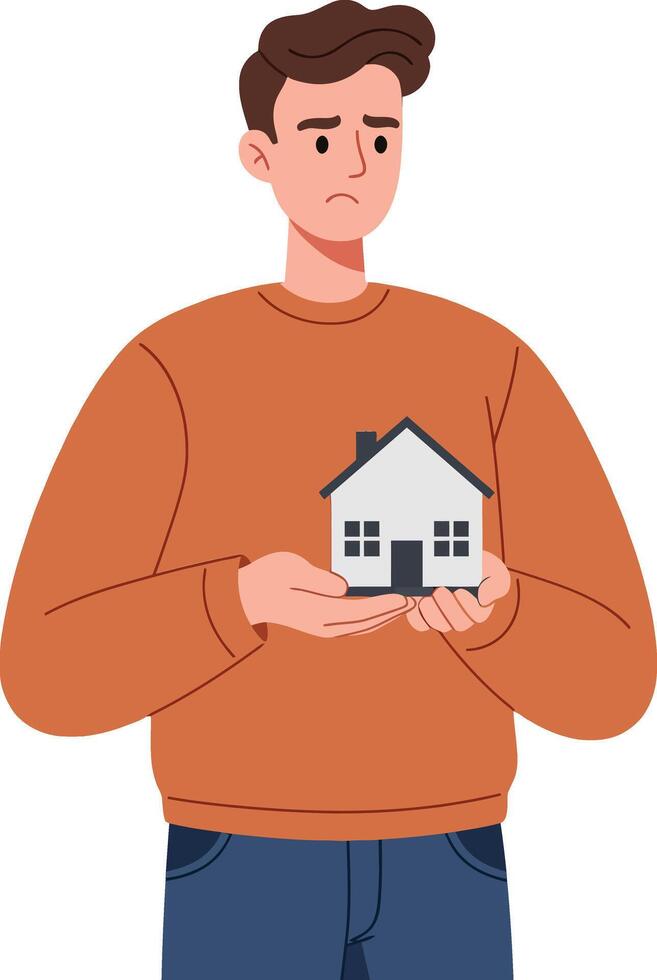 A concerned young man holding a small house model while wearing a cozy orange sweater in a flat illustration vector