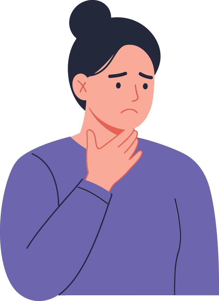 A woman with a concerned expression touching her throat in a flat, minimal design style illustration depicting emotional distress and contemplation vector