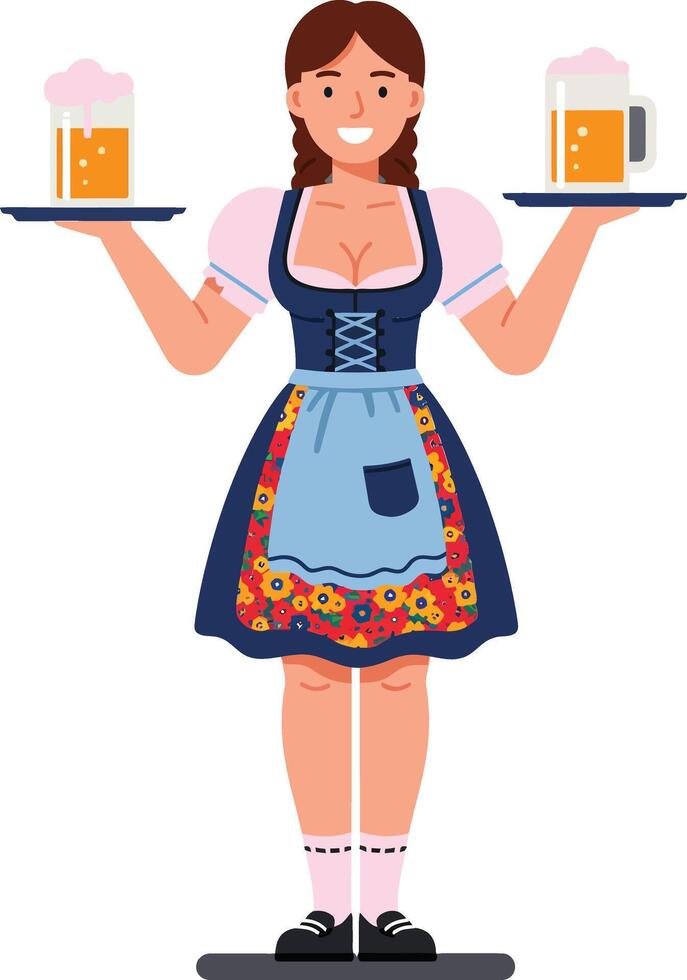 Cheerful woman in traditional Bavarian dress holding two beers on trays in flat illustration style vector